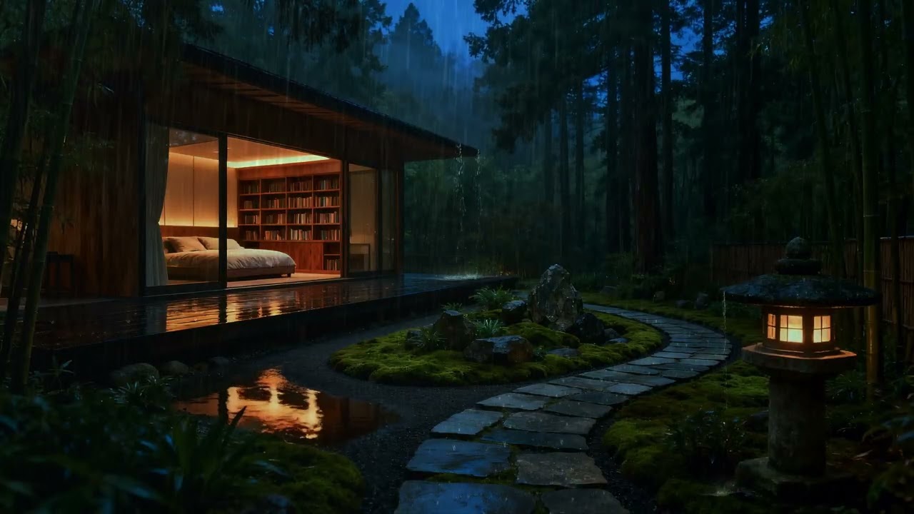 Cozy Rain Night 🌧️ Japanese Glass Cabin, Warm Lights & Forest Path Ambience for Sleep