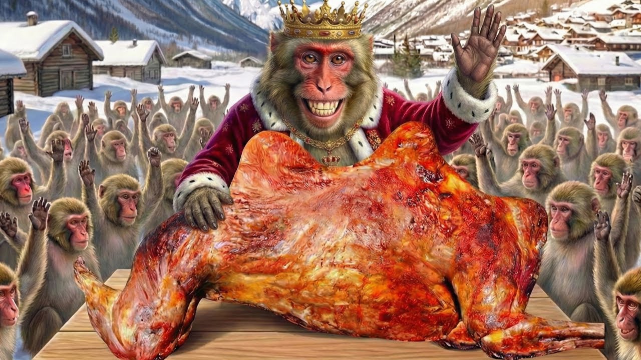 Monkeys Catch BIG Deer And Cook Spicy Roast | Snow Monkey Village | Monkey Cooking