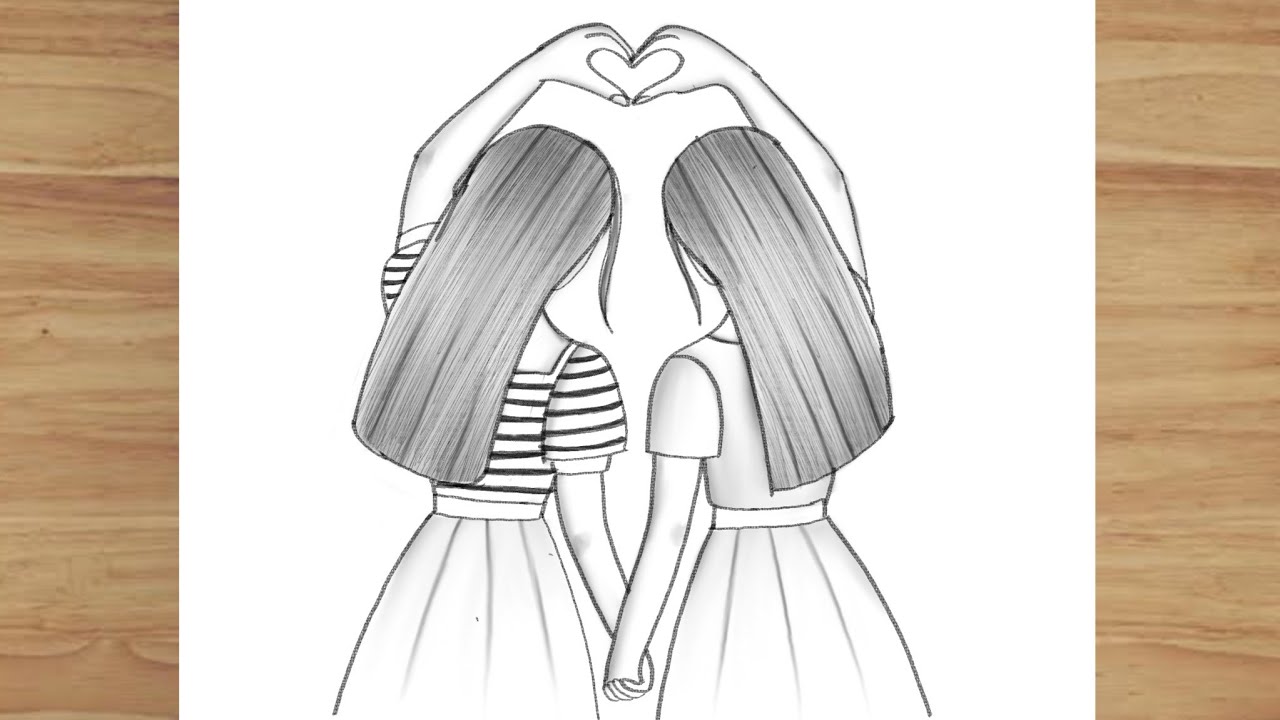 Two Sister / bff Easy pencil sketch for beginners | friendship day drawing 