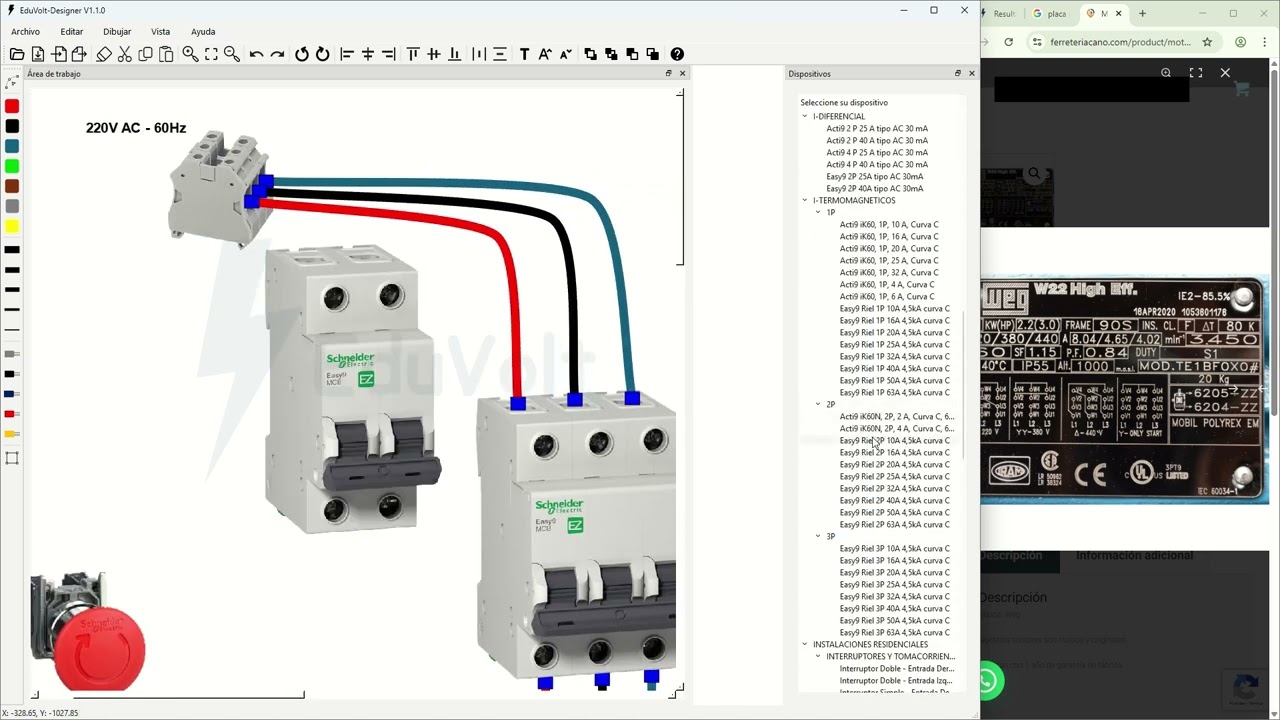 Arranque directo de motor trifásico de 3 HP / 220 V con dimensionamiento de dispositivos.