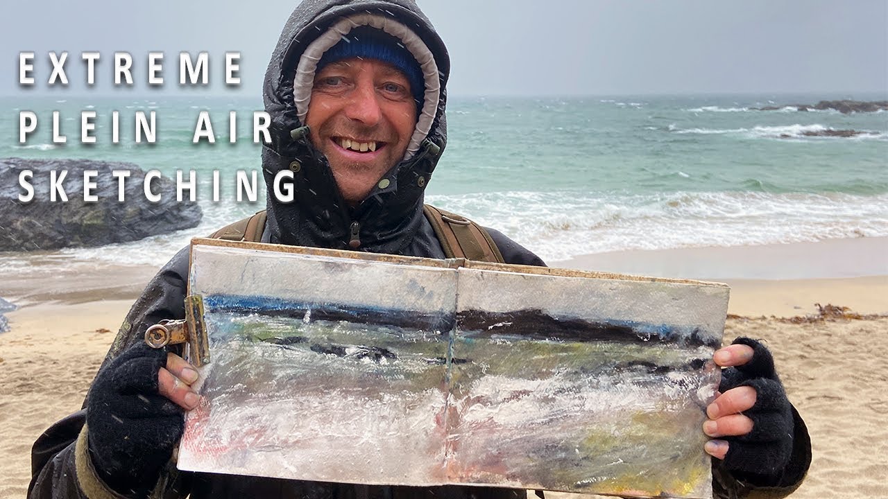 Extreme Plein Air Sketching - mixed media at Godrevy beach, Cornwall in high wind and heavy rain!