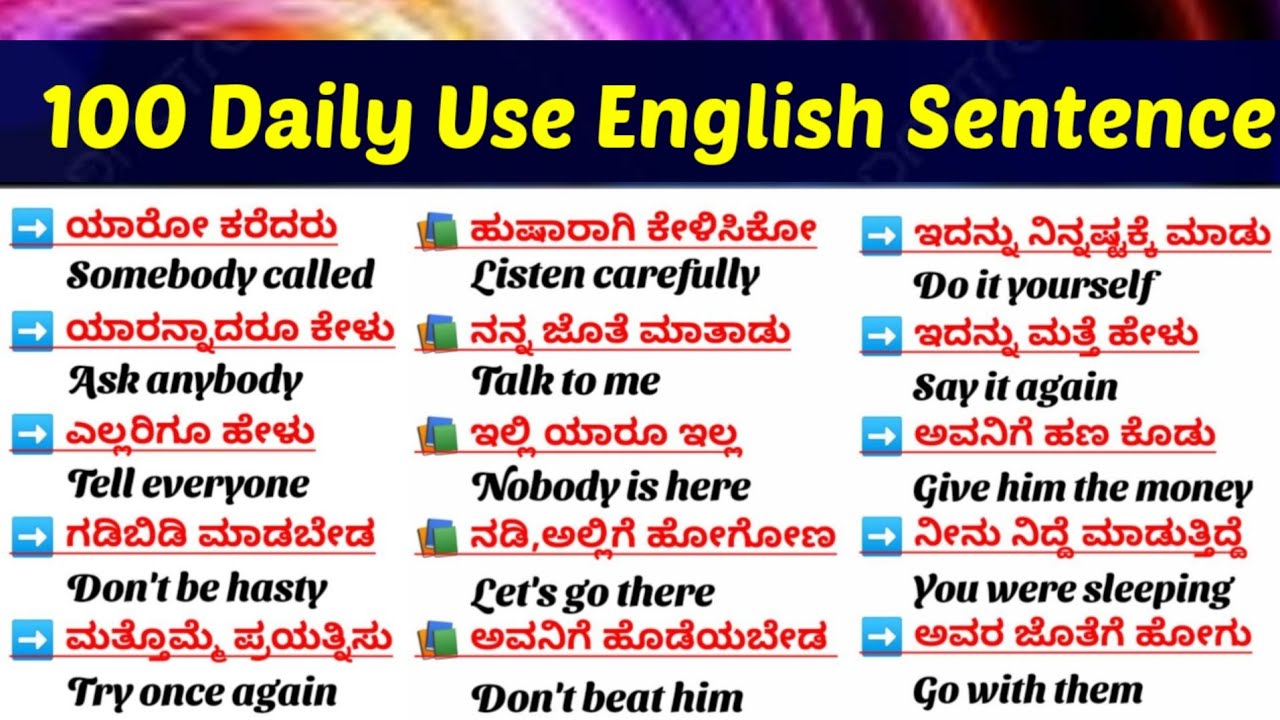 100 Daily Use English Sentences| Short Sentences|Daily use simple sentences|ಕನ್ನಡದ ಮೂಲಕ ಇಂಗ್ಲಿಷ್ 