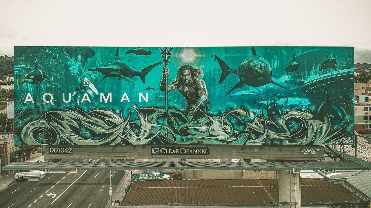 BUGE (BAMC) ILLEGAL Graffiti on AQUAMAN BILLBOARD in HOLLYWOOD!! - Ewkuks & Loop