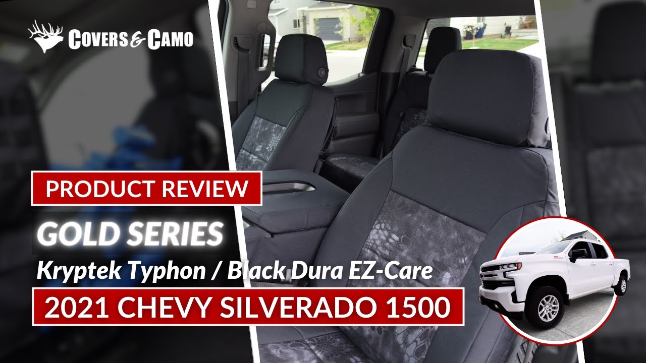 Kryptek Typhon Custom Seat Covers on the 2021 Chevy Silverado 1500. Crew cab with rear storage doors