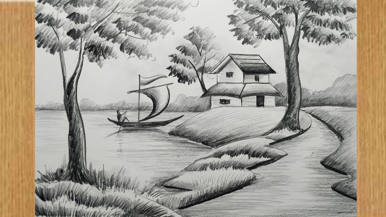 easy pencil sketch scenery drawing for beginners step by step,landscape and river side scenery draw,