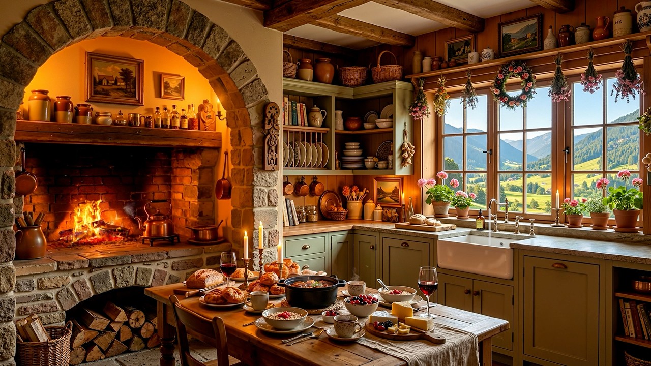 Sweet Jazz Background Music for Relaxation 🎶 Cozy Spring Kitchen Ambience & Fireplace Sounds