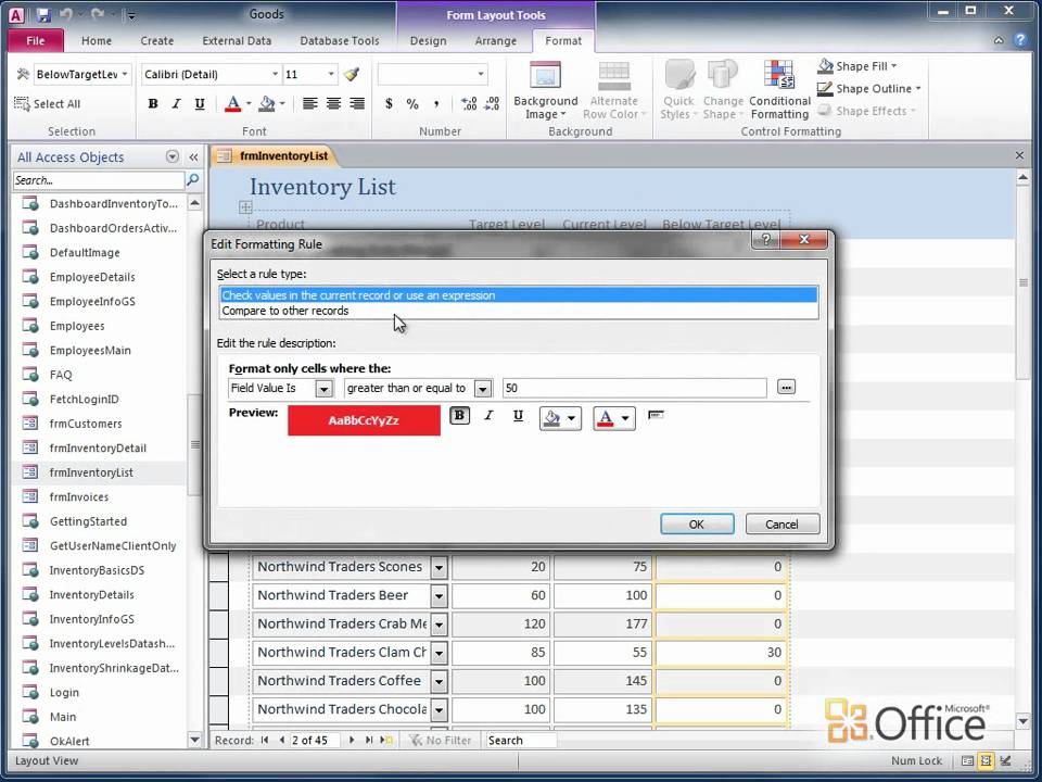 Access 2010: Highlight data on forms by using conditional formatting.wmv