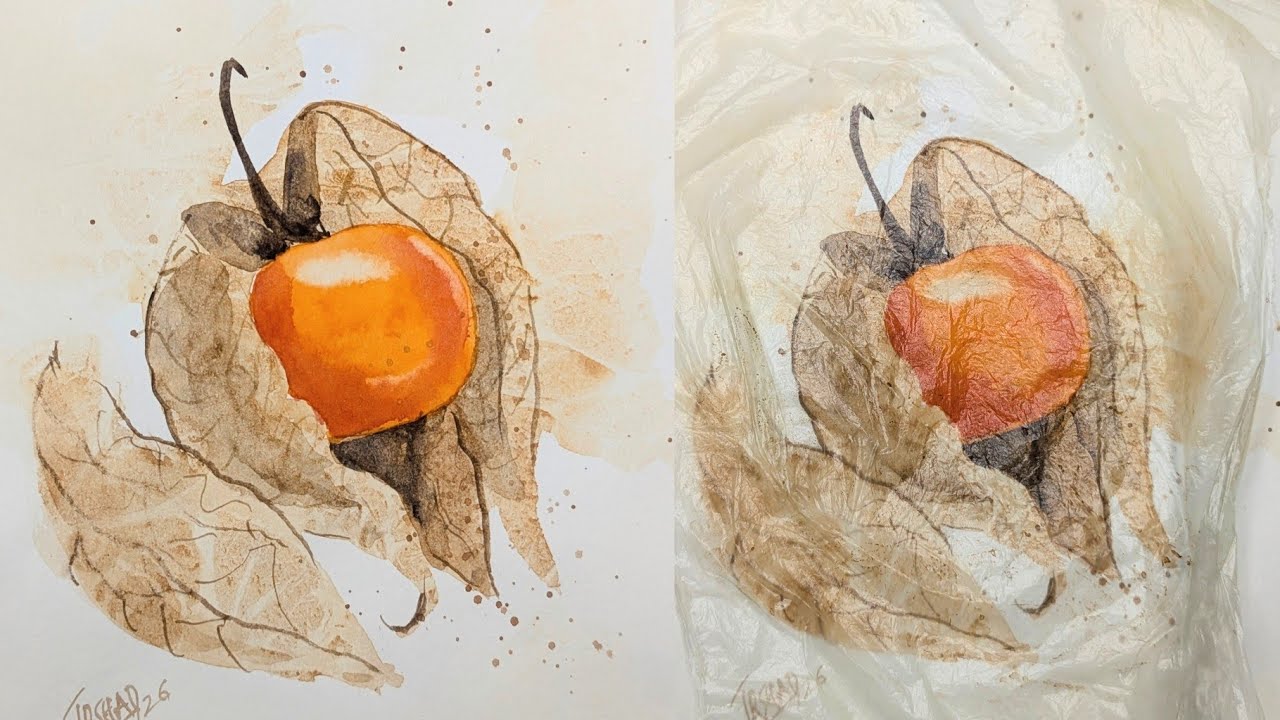 Mastering Texture: Watercolor Cape Gooseberry Tutorial | Paint Realistic Physalis:Using Plastic Wrap