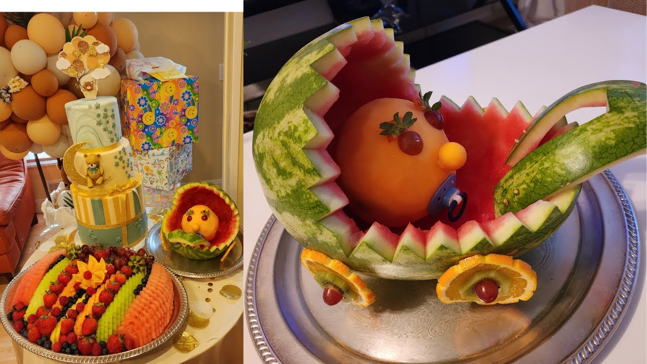 Fruit Platter Ideas for a Baby Shower/ Baby Carriage Watermelon Carving | Beginner Fruit Carving