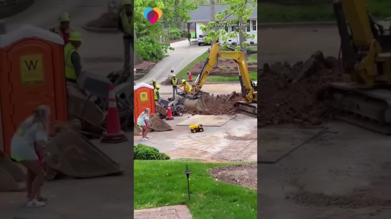Construction crew uses excavator to fill up boy's toy dump truck #shorts