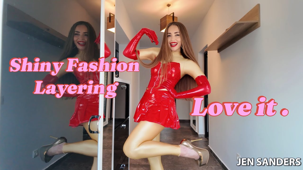 Shiny Fashion Layering | Gold Zipped Spandex Bodystocking, PVC Corset Top, Mini Skort and Heels