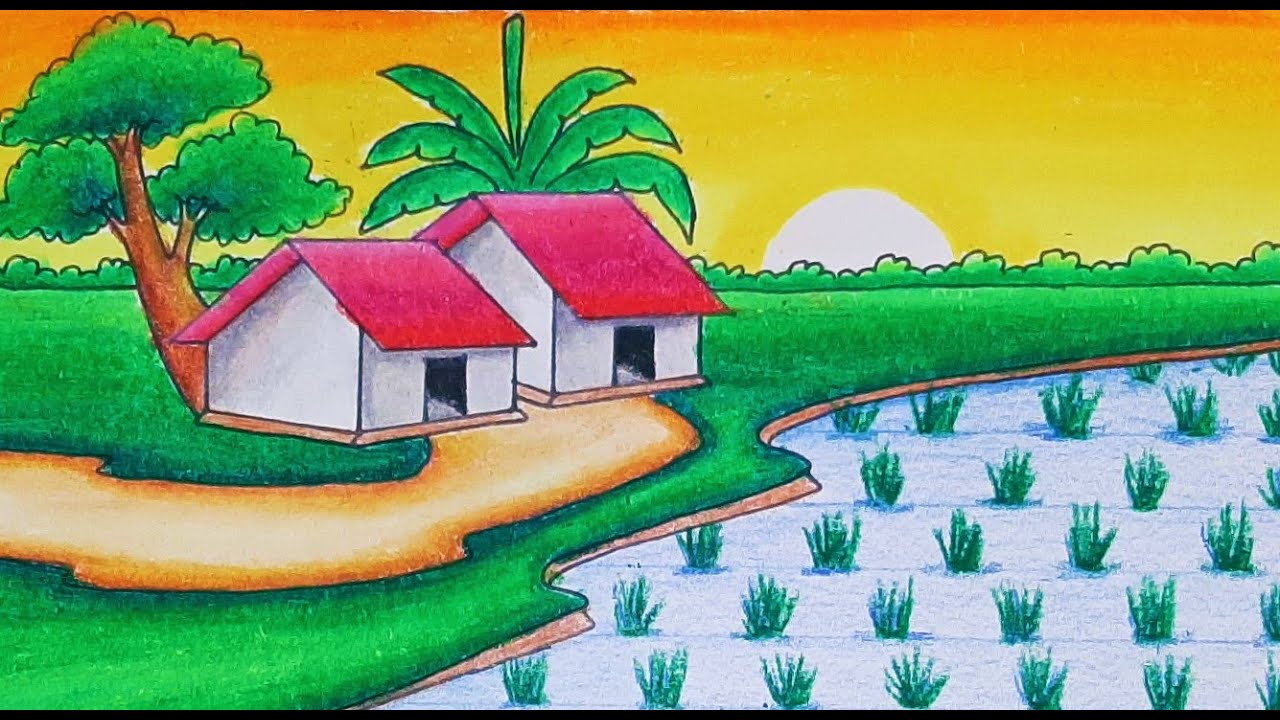 How To Draw Easy Scenery || Drawing village drawing with oil pastel step by step || Sunset drawing