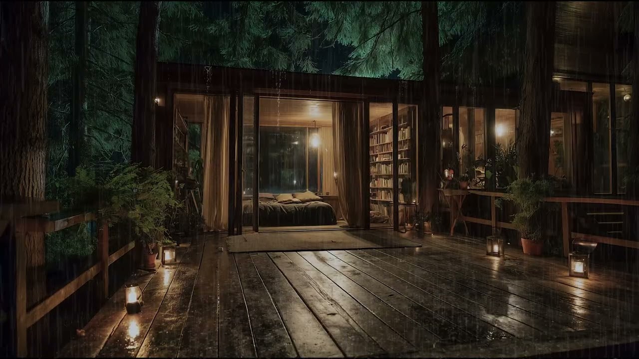 Sleeping in a Forest Library Bedroom 📚 Rain on Glass Pavilion