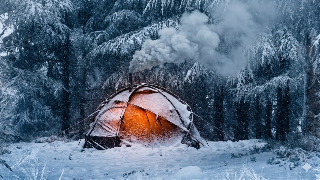 🔴 LIVE | 24 Hours of Solo Hot Tent Camping - Rain, Heavy Snow Storm & Cozy Wood Stove ASMR