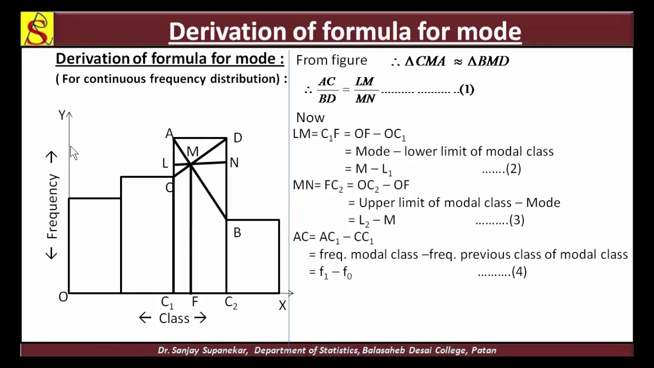 Measures of central tendency XI : Mode(Derivation of formula for continuous frequency distribution)