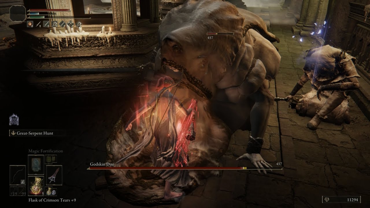 Elden Ring - Godskin Duo Cheese: Sleep Pots + Serpent Hunter = Two Slobs Felled [RL1|No Damage]