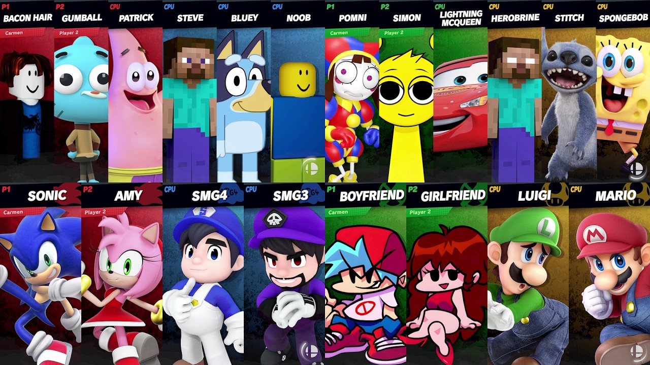 NEW Sonic vs Mario vs Roblox vs Minecraft vs Car vs Bluey vs SpongeBob vs Girlfriend in Smash Bros