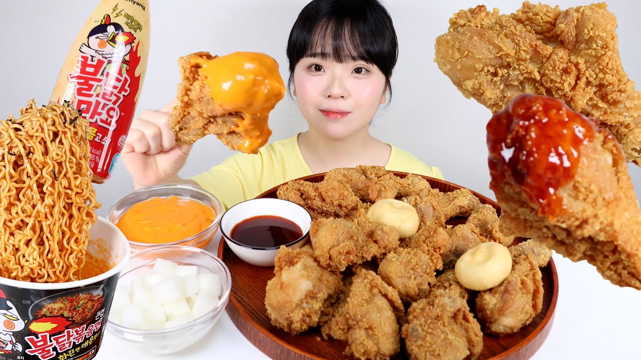 BBQ 황금올리브치킨 불닭마요 듬뿍 찍어서 먹방🍗(닭다리 뜯다가 불닭볶음면 끓여 먹기🔥) Crispy Fried Chicken Mukbang