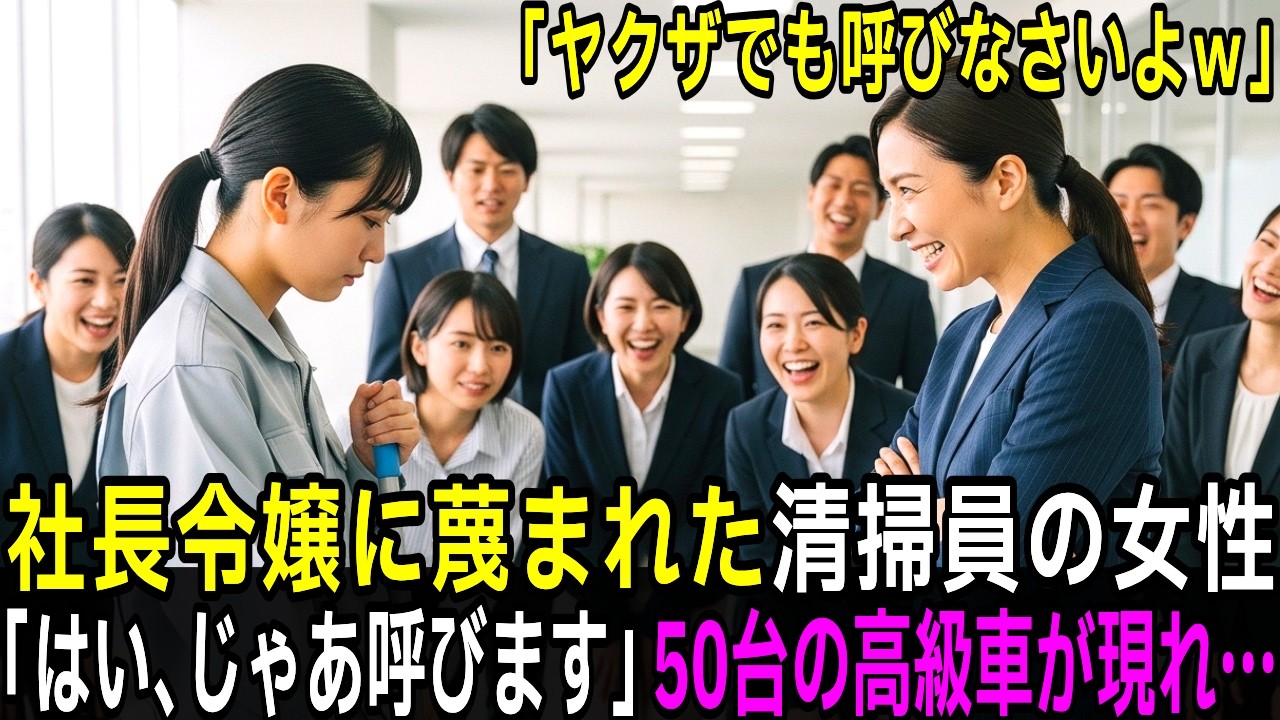 「悔しかったらヤクザでも呼んでみなさいよw」社長令嬢に蔑まれた清掃員の女性…10分後、50台の高級車が現れ…【スカッとする話】