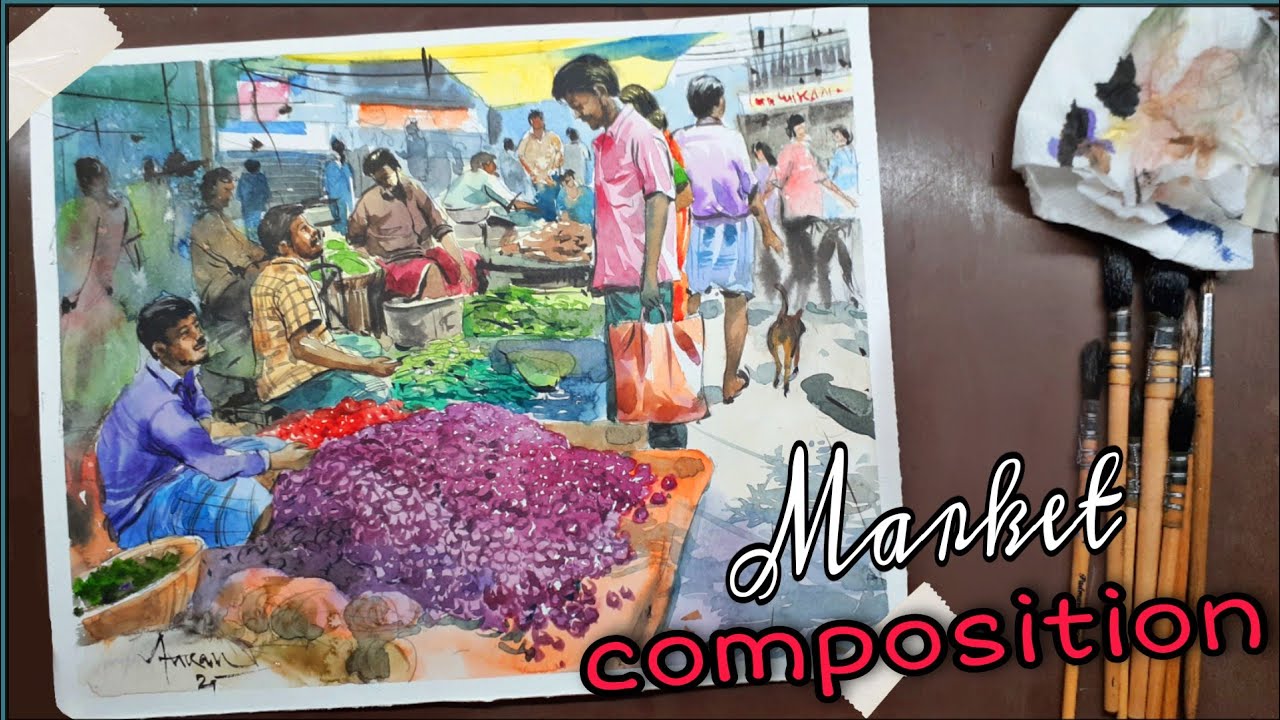 Market watercolor composition | vegetable market | Art Biin