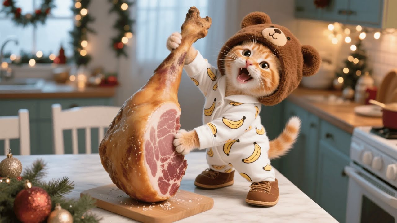 Mama Cat takes Ginger Kitten Christmas shopping, but he gnaws a ham leg so Mama must buy it 🎄🍖