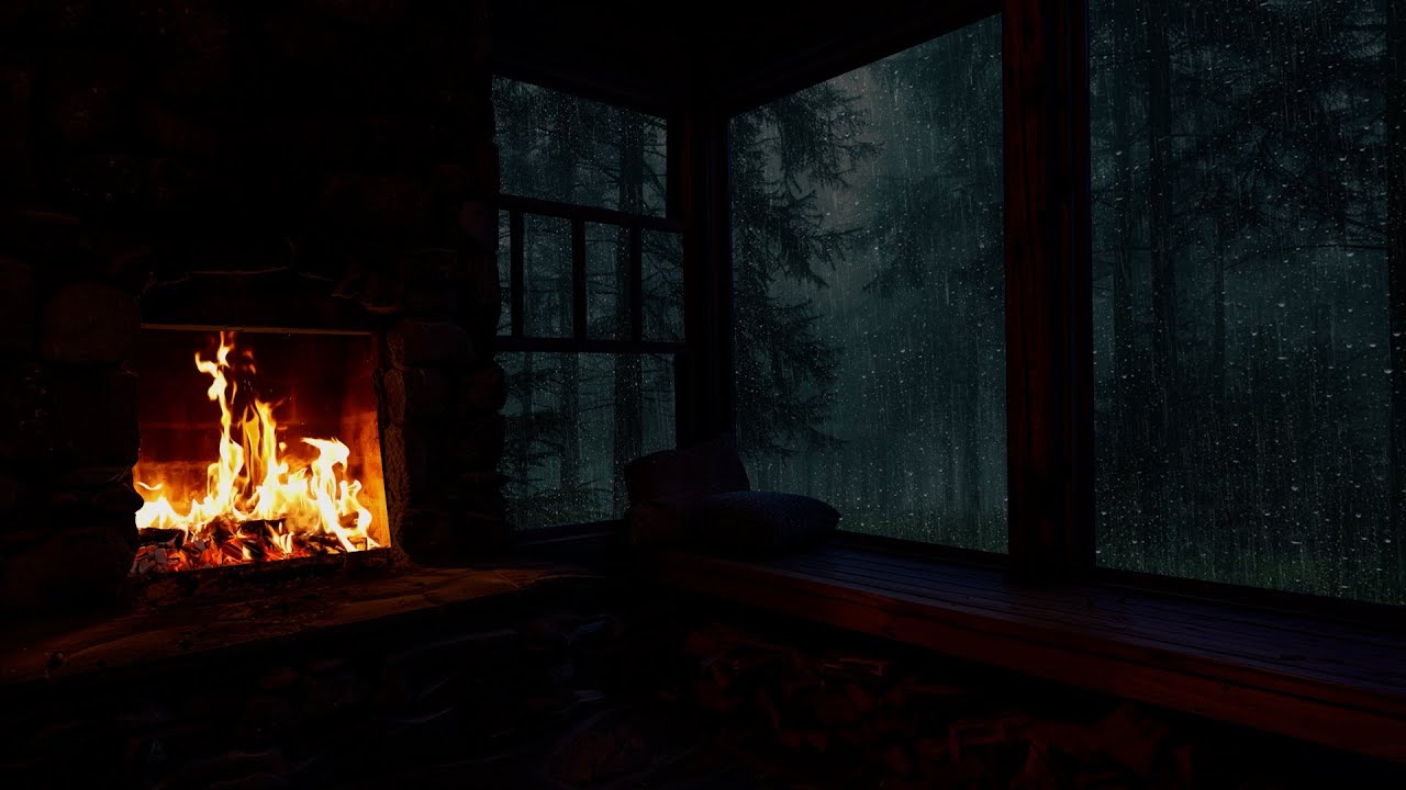 Hearth and rain night | Cozy fireside ambience with gentle rain to soothe your heart