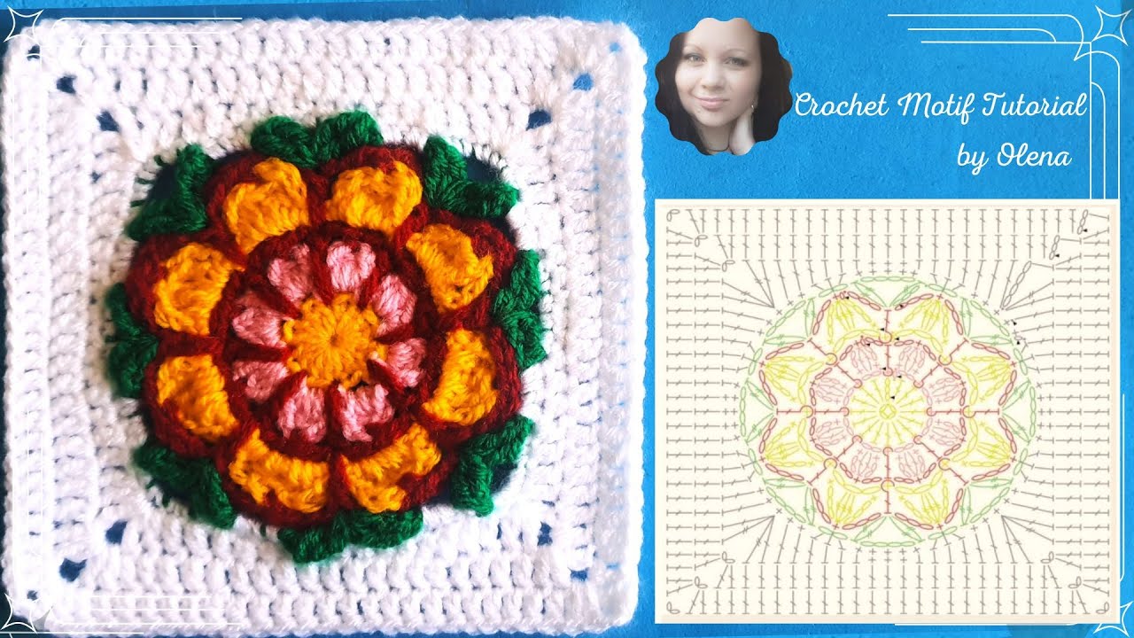 CROCHET PATTERN - 118: Crochet floral square motif - Flower in a square, 12 rows