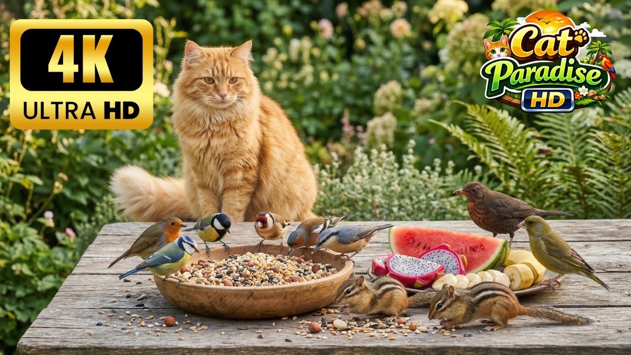 Cat TV NO ADS 😺 Winter Garden Birds & Curious Squirrels 🐿️ Real Nature Sounds for Cats 4K HDR