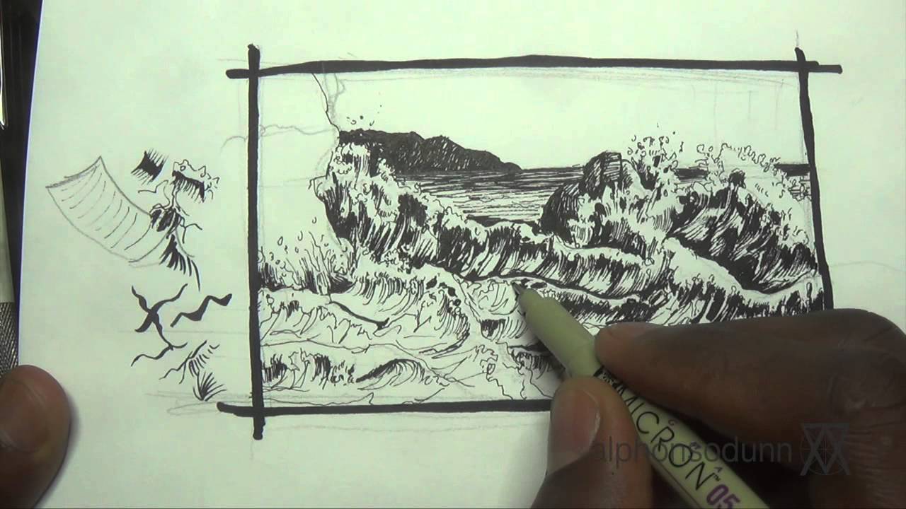 Pen & Ink Drawing Tutorials | How to draw a seascape with waves