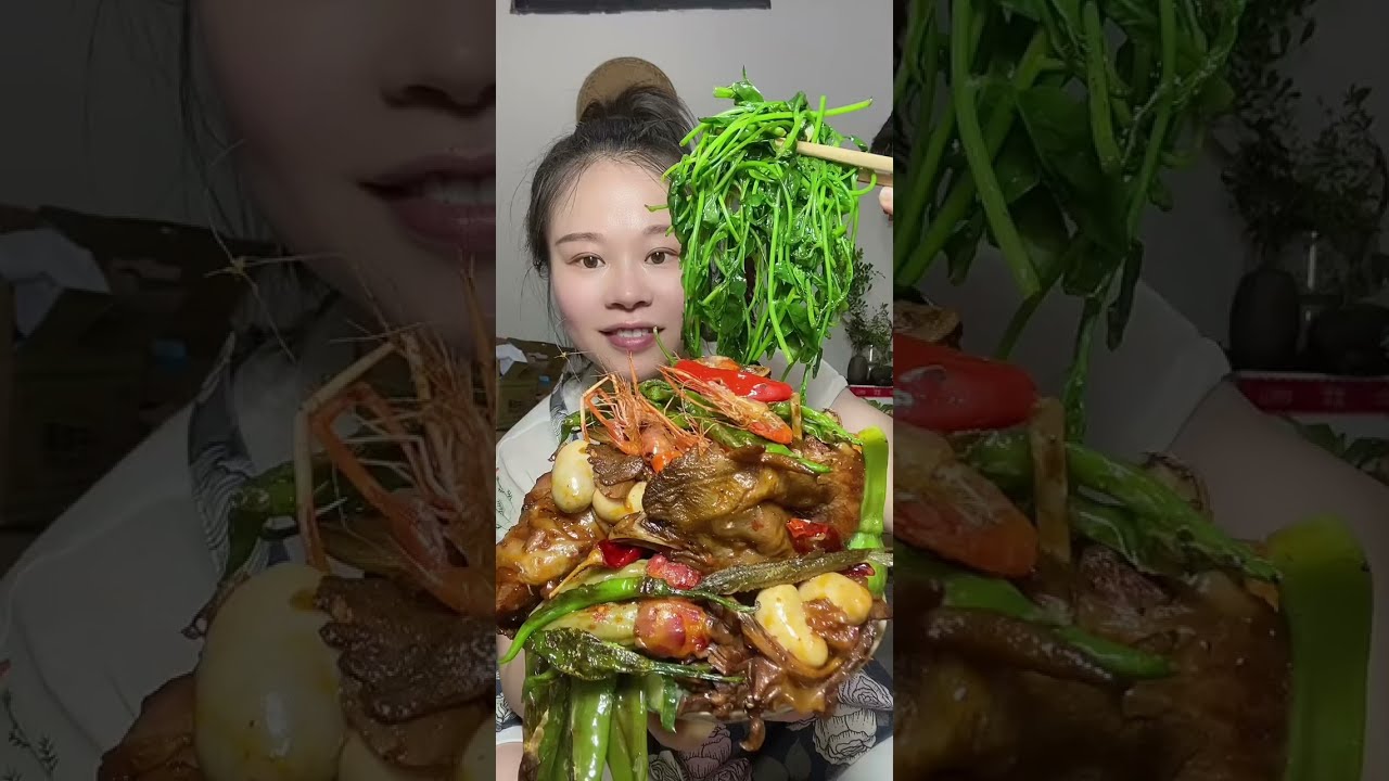 Susu Yummy Spicy Food Mukbang 😋 Eating Braised Chicken With Shrimp And Green Vegetables #asmr #food 