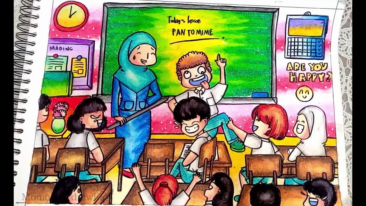 Cara Menggambar dan Mewarnai tema SEKOLAH Suasana Kelas Dengan Gradasi Warna Oil Pastel untuk pemula