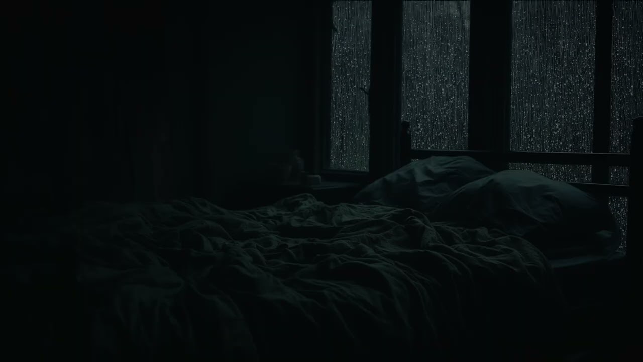 Rain Drifts Slowly Across a Dark Bedroom Window as the Night Wraps Everything in Silence