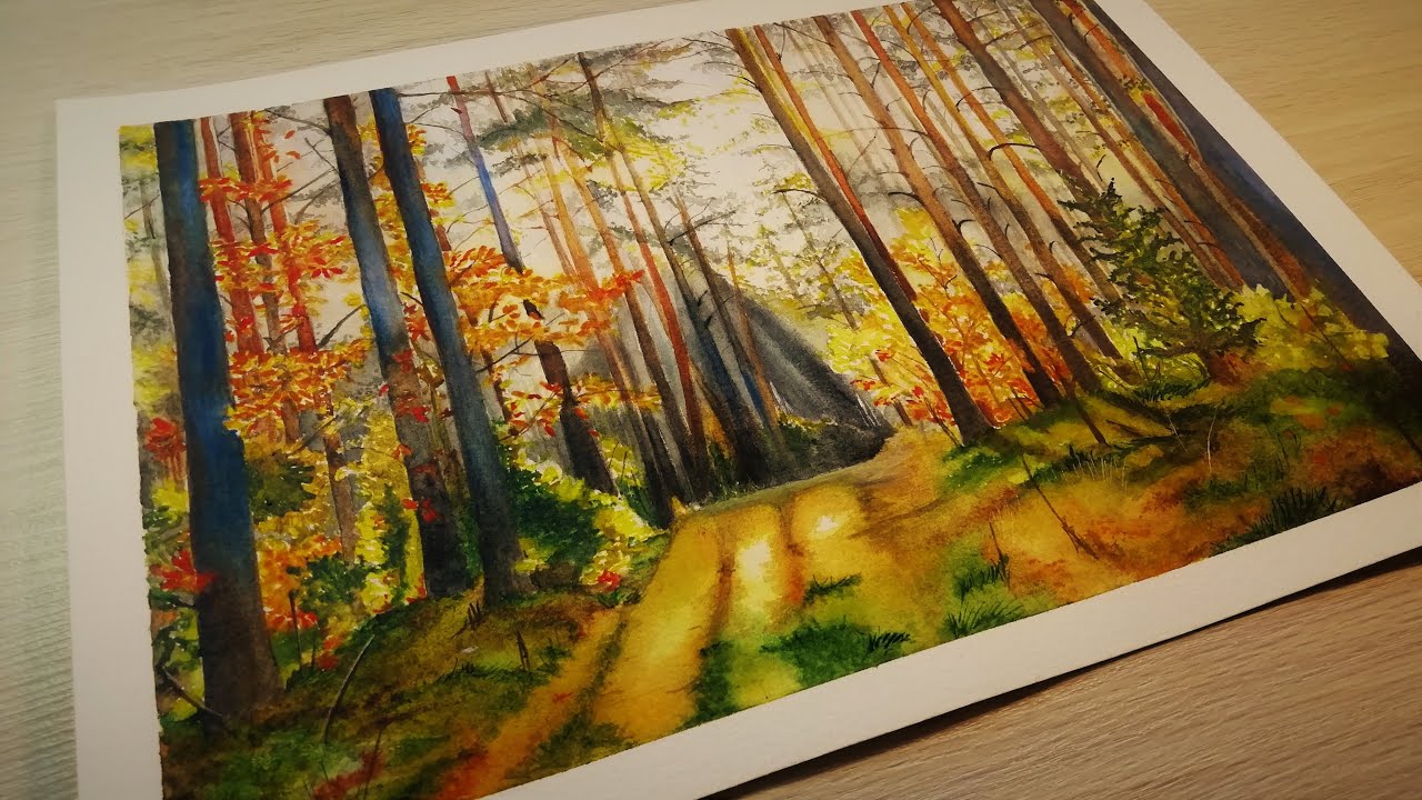 🍂ОСЕННИЙ ПЕЙЗАЖ акварелью. Autumn landscape in watercolor. 수채화에서가 풍경입니다.🍂