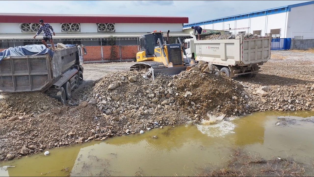 Amazing Work!!DumpTruck 25TON Trasport Rock Filling Into Water And Bulldozer SHANTUI C3 Push Rock