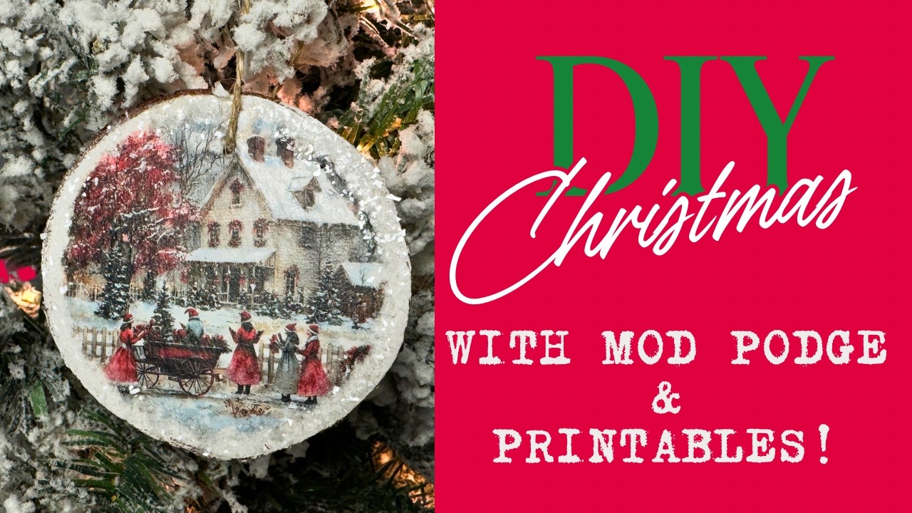 How to Decoupage Christmas Ornaments | Dollar Store Wood Slices & Printable Designs 🎄