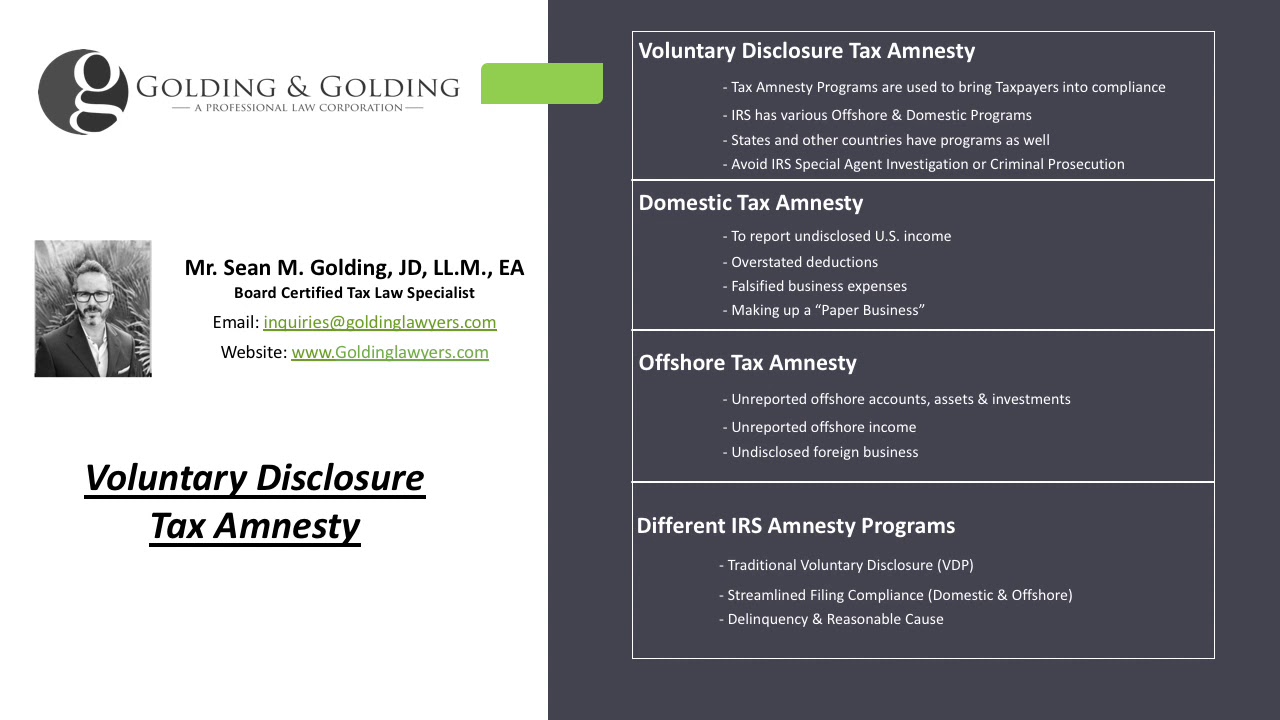 Voluntary Disclosure Tax Amnesty - 2020 Taxpayer Program Options for Domestic & Offshore Disclosure