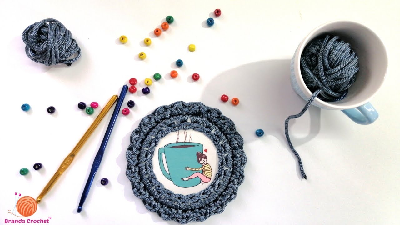 كروشيه كوستر للأكواب بالخشب وخيط القيطان - Crochet wooden coasters with cord yarns