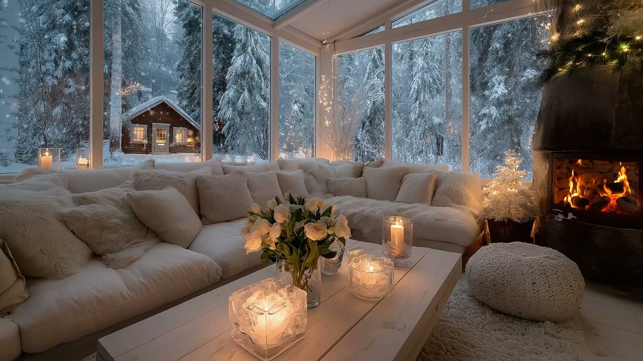 ❄️Cozy Piano Winter Lounge | 5 Hours White Lounge with Falling Snow | Sleep Calm Healing Study Relax