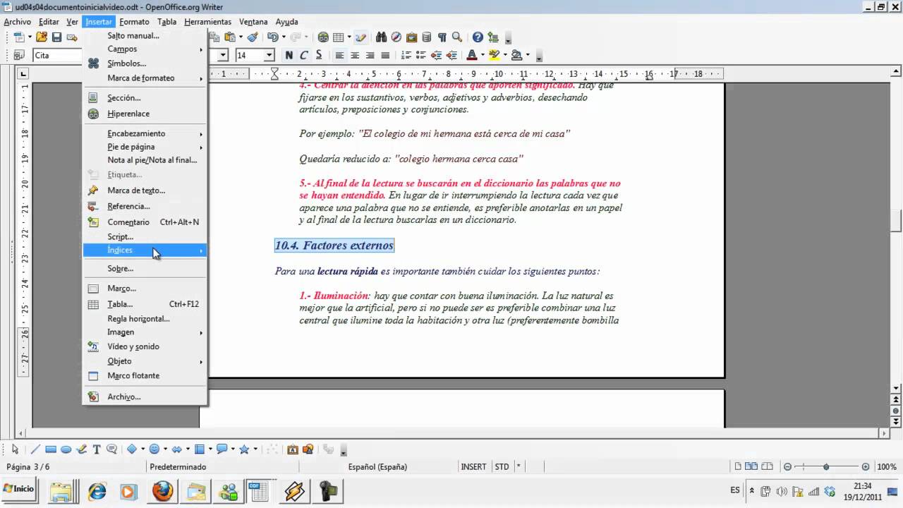 UD4S04 Índice de contenido OpenOffice.org Writer Informática 4º ESO IES Huerta del Rosario