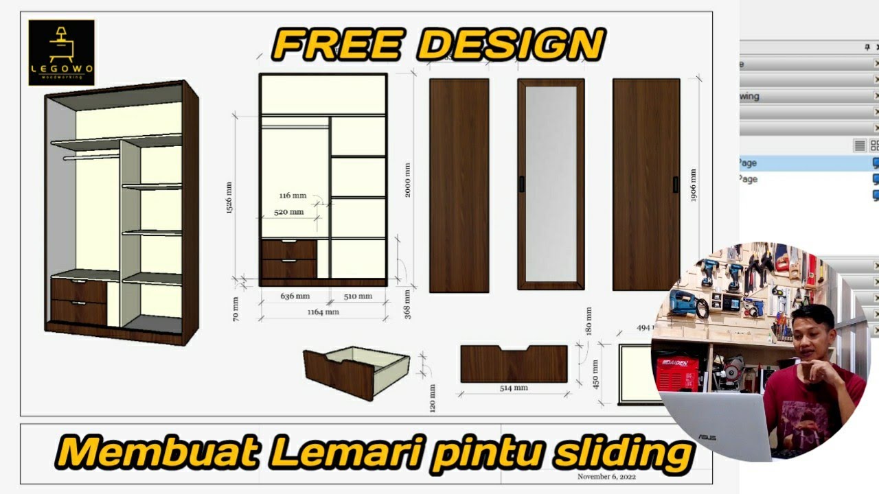 Design Lemari pintu sliding | Gambar kerja Lemari sliding | Hitung kebutuhan matrial
