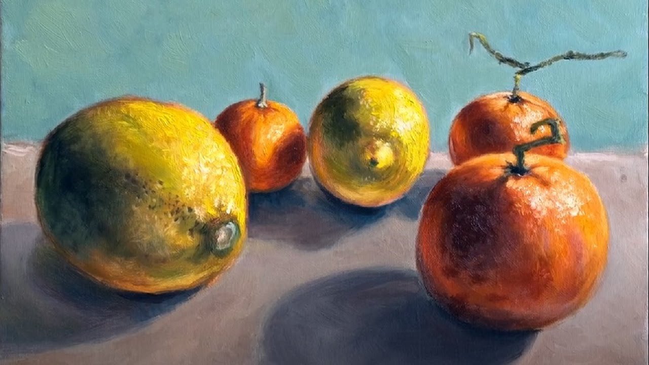 Natura morta con limoni e mandarini con spiegazione. Tutorial Time lapse olio su cartone telato.