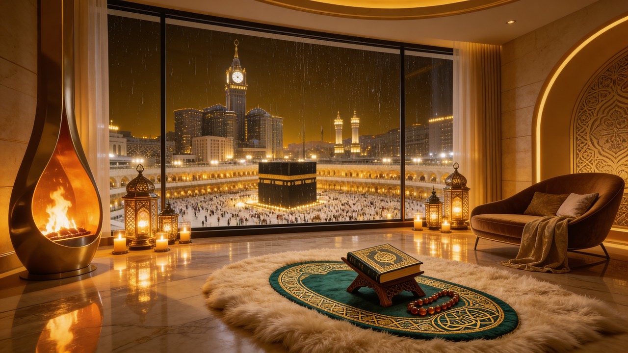 Kaaba Night View 🕌 | Peaceful Fireplace Islamic Ambience 4K TV Screensaver