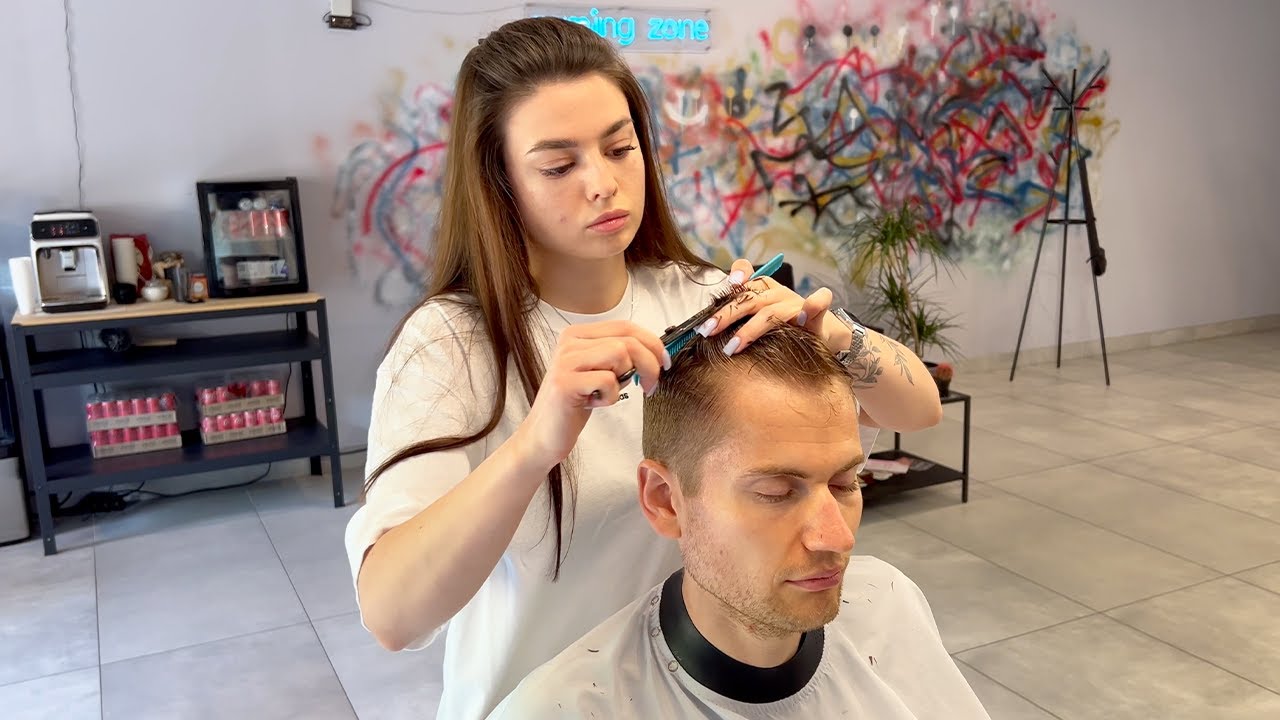 She Took Her Time 💈✂️ Relaxing Haircut & Beard Trim by Ukrainian Barber Yulia (ASMR)