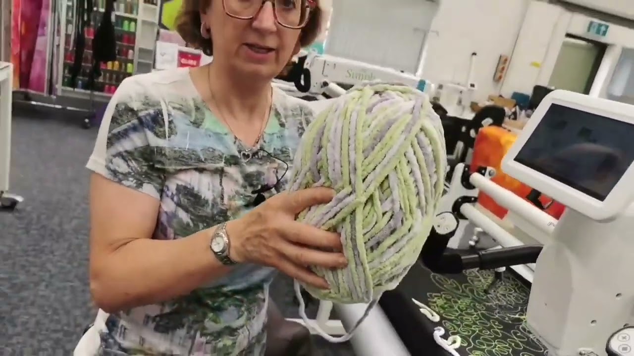 Couching on Handi Quilter longarm machines with chenille, wool, yarn or lame.