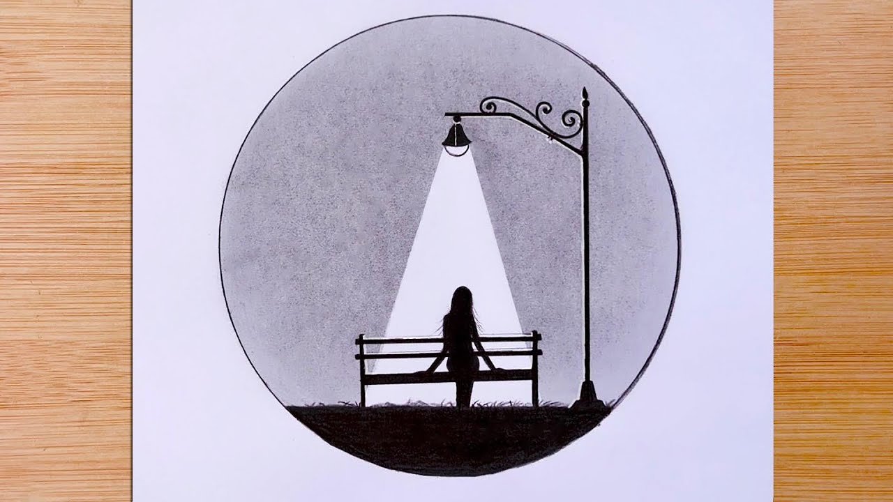 A girl is sitting alone under a street lamp || How to draw || night scenery - pencil sketch