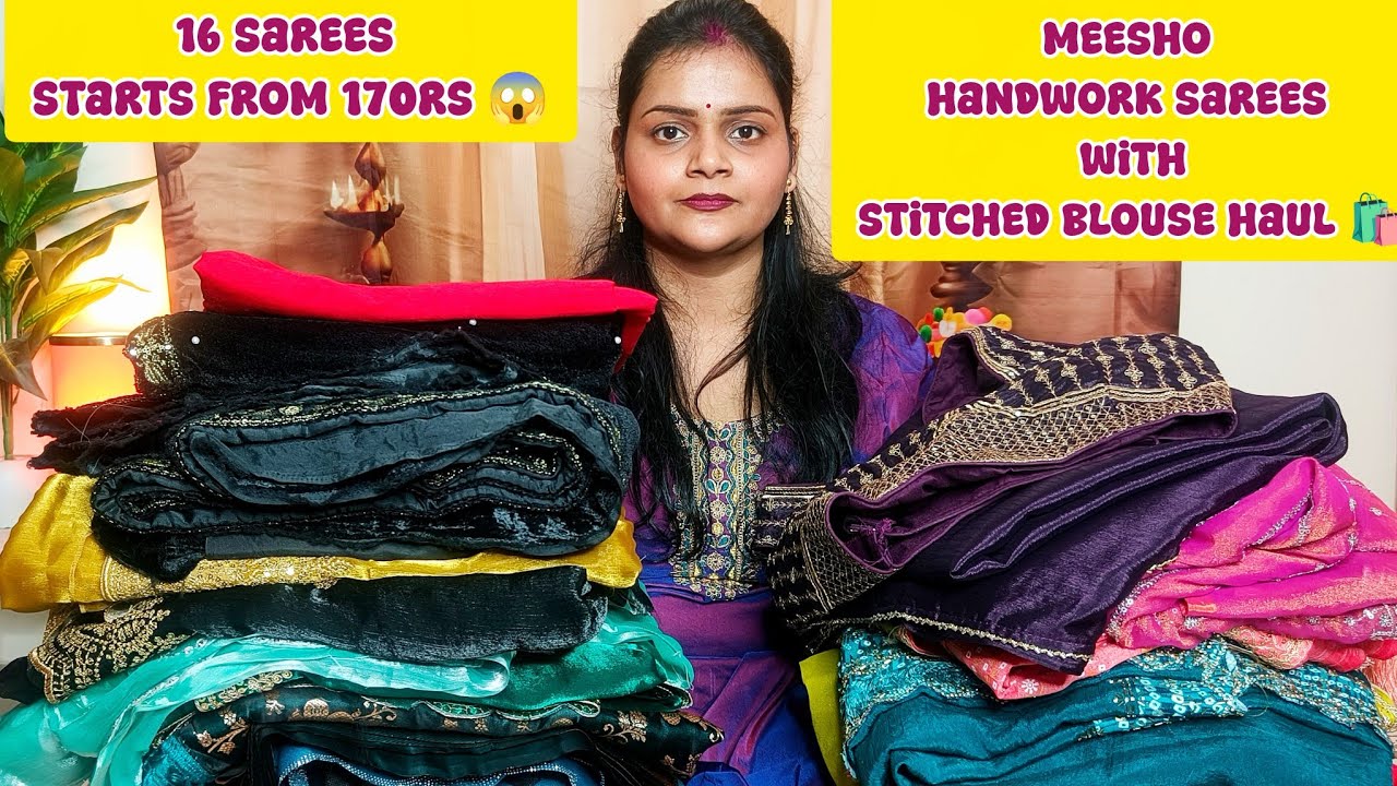 Meesho Handwork Sarees With Stitched Blouse Starts from 170rs😱| Meesho Partywear Sarees Haul,Try-on 