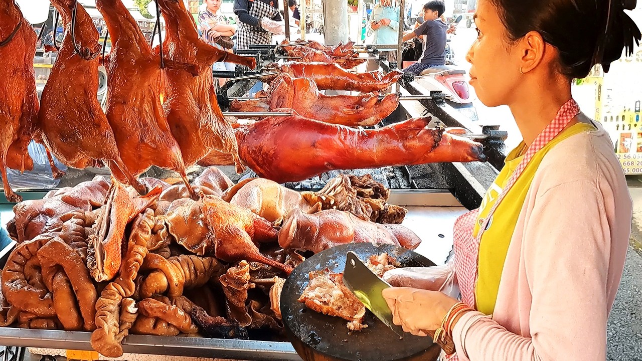 Best Cambodian Street Food Meat Stalls! BBQ Pork Leg, Duck & More