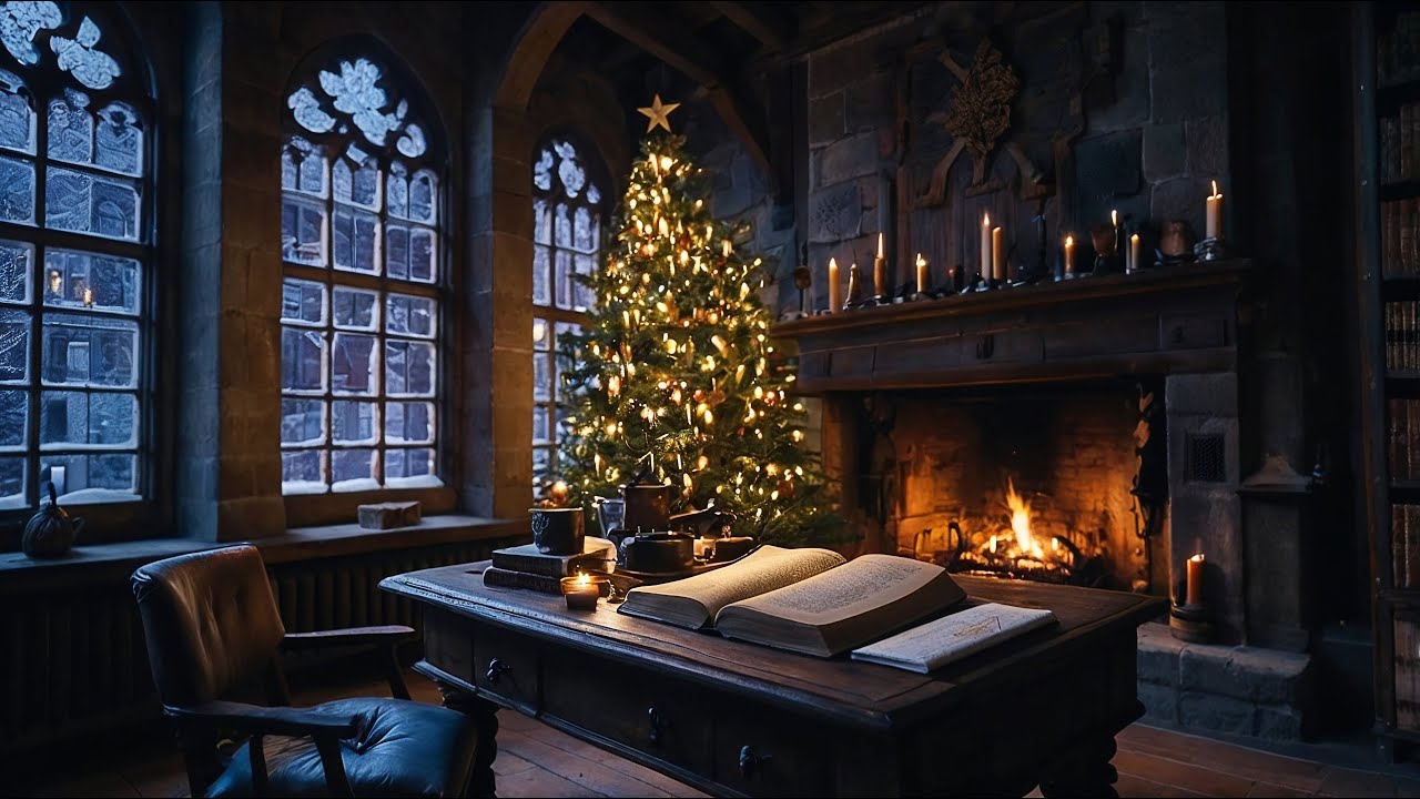 Winter Candlelit Library ❄️📚 | Fireplace Crackle, Snowfall & Deep Focus Ambience