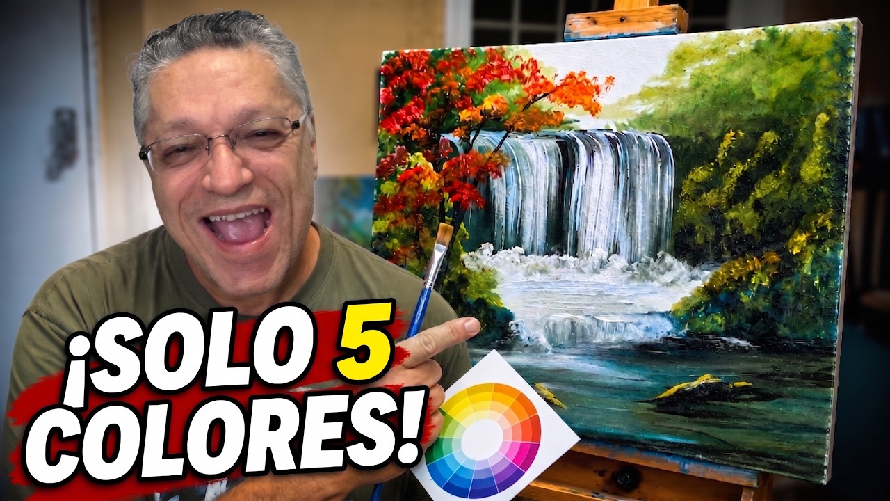 DIBUJA Y COLOREA FACIL CON ACRILICO - Cinco colores básicos - Cascada y arbol
