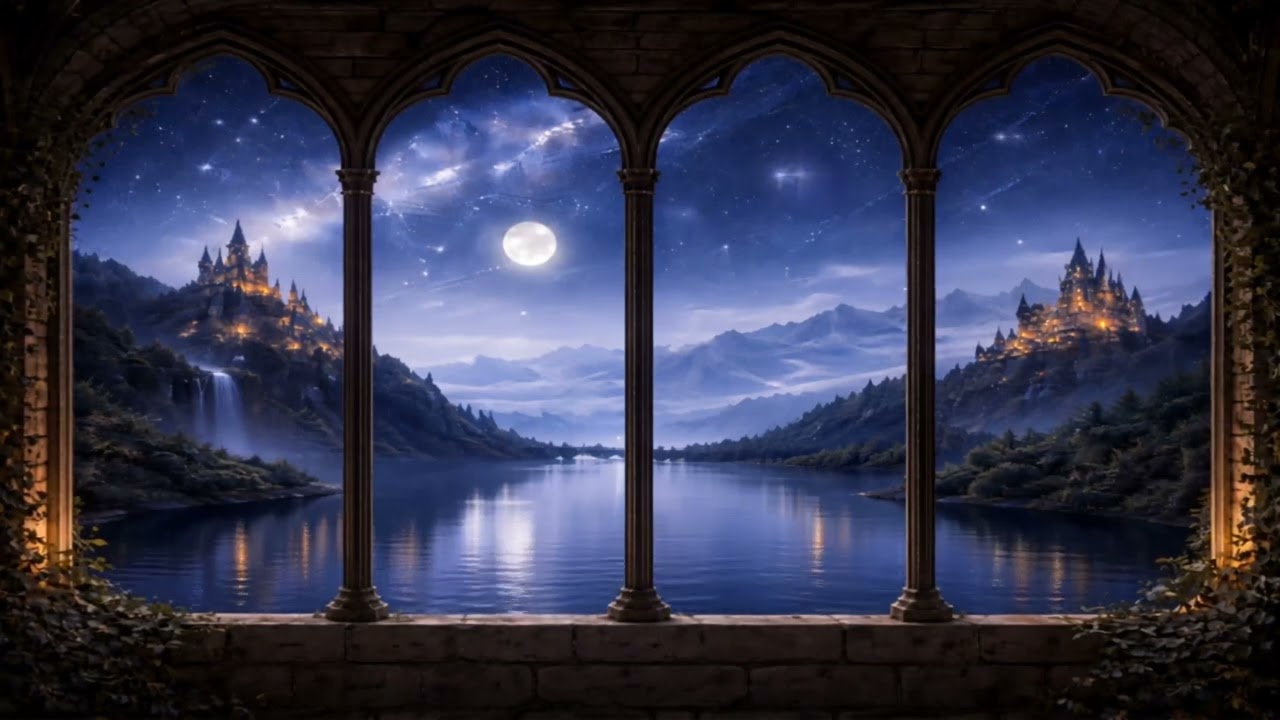 Moonlit Fantasy Castle View 🌙 | 4K Framed Wall Art | Magical Night Ambience